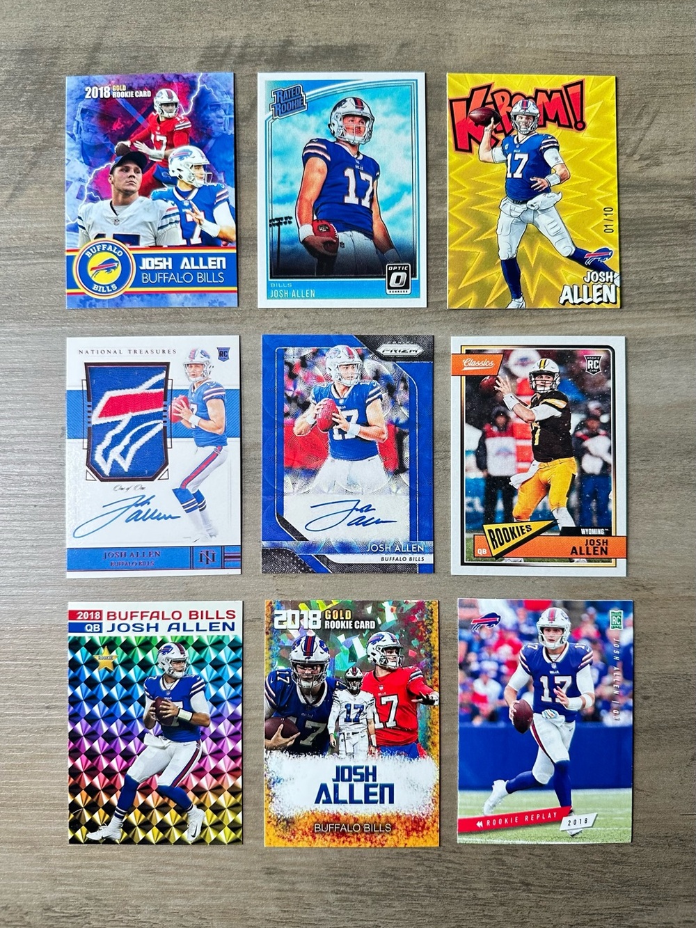 Josh Allen Signed Rookie Lot of (9) Panini Kaboom Topps Novelty Cards.
